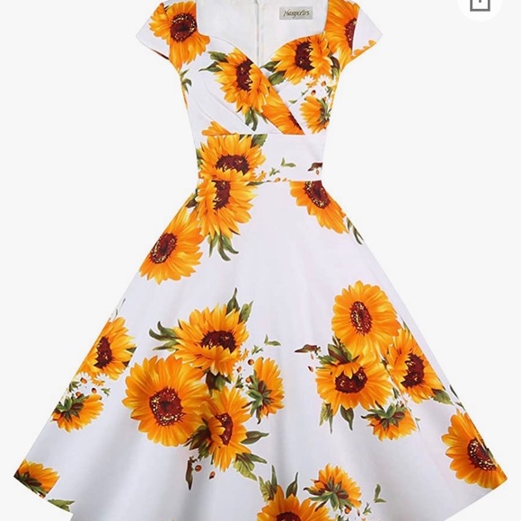 Hanpceirs Cap Sleeve 1950s Sunflower Dress - Picture 3 of 11